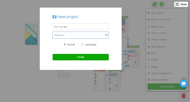 Create project menu in Fluid UI